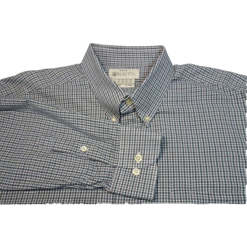 BERETTA Button Down Shirt Long Sleeve Pocket 100% Cotton Green Plaid Mens XXL